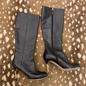 Valentino black leather knee-high boots with gold heels and zipper